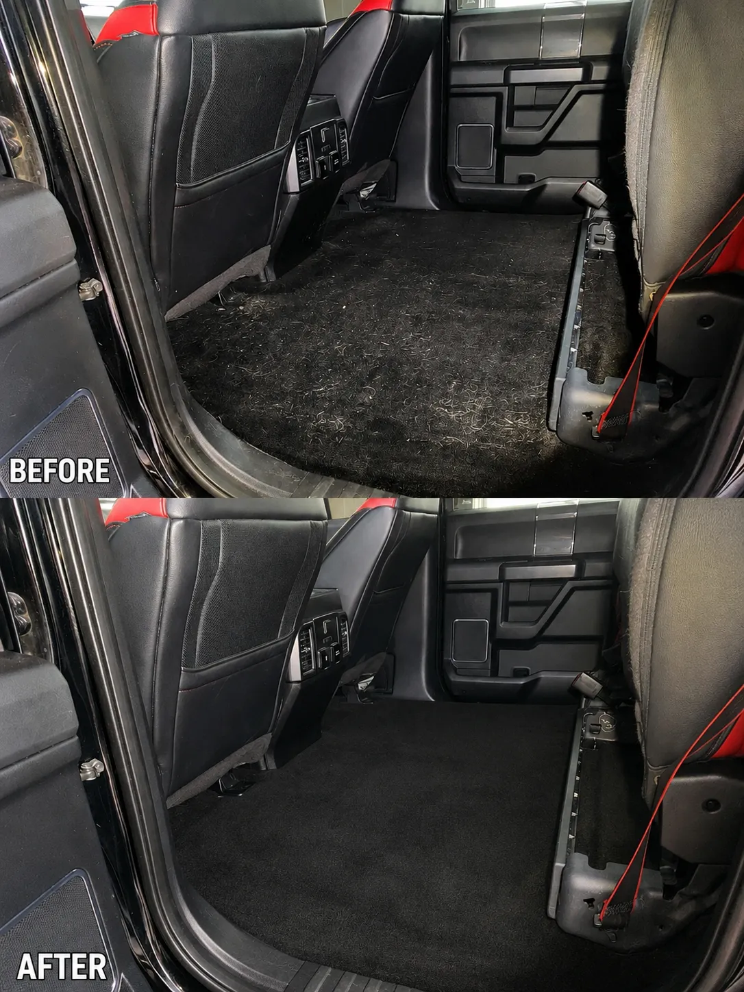 Ford F-150 rear floor before and after pet hair removal
