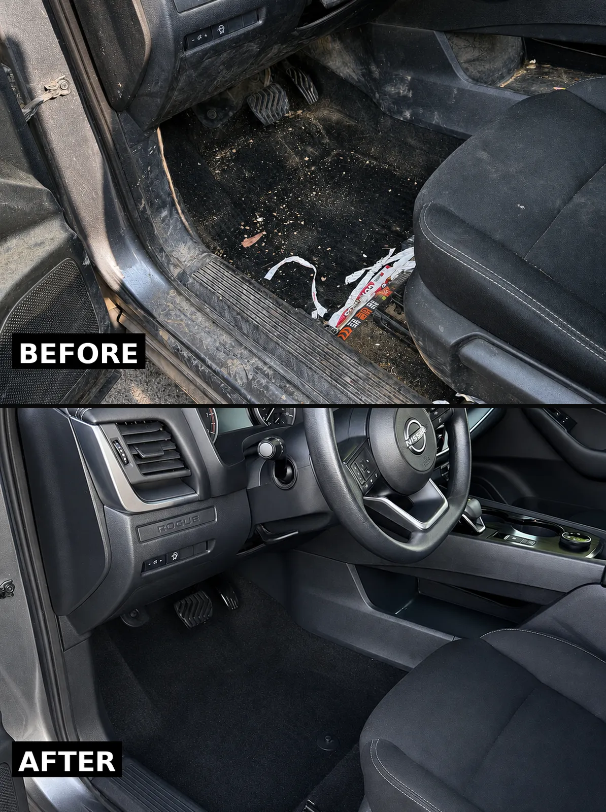 Nissan Rogue driver floor before and after an interior detail